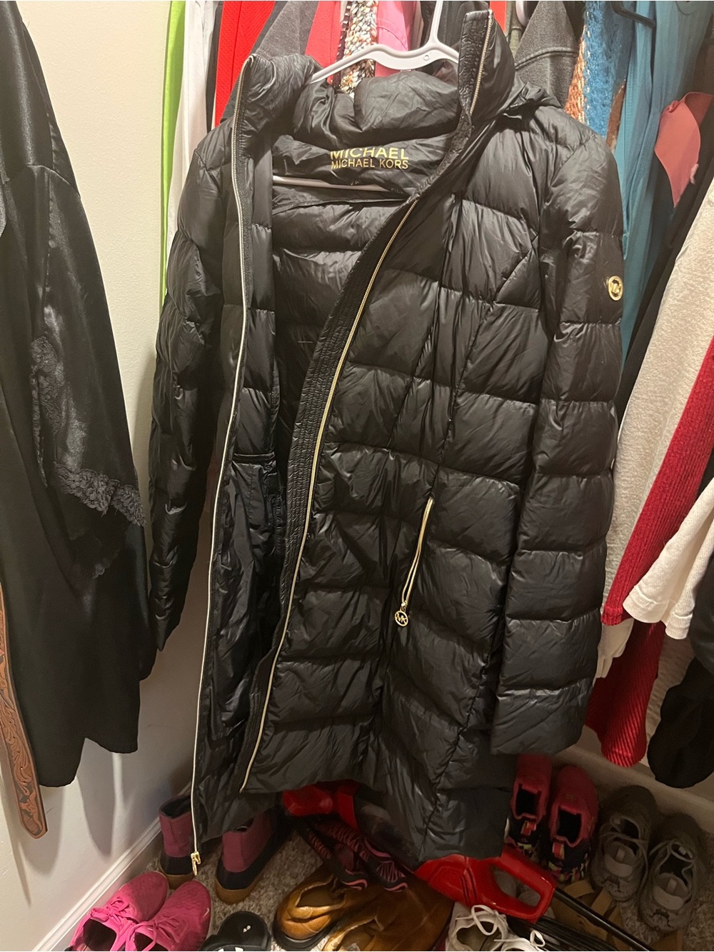 Michael Kors Black Quilted Long Puffer Coat with Hood